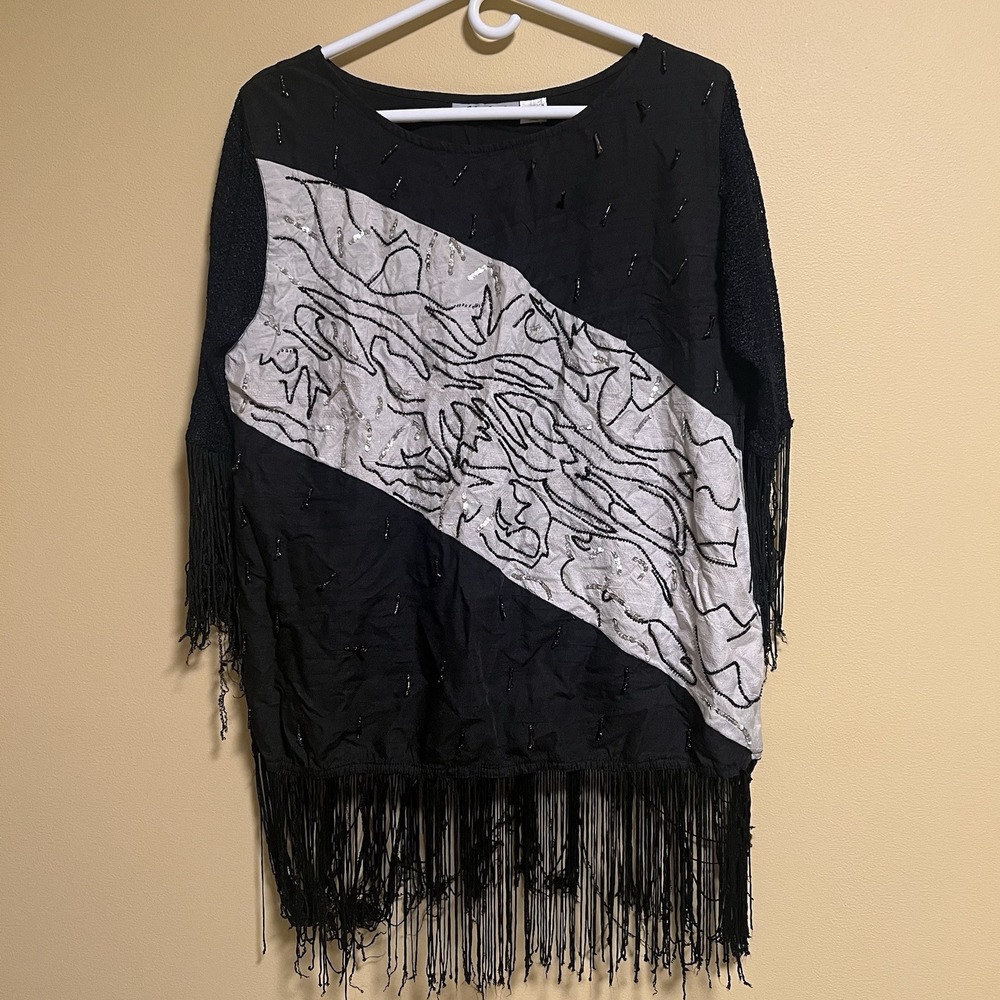 Vtg Molato Women's Blouse Silk Beaded Fringe Western Festival Goth Gypsy
